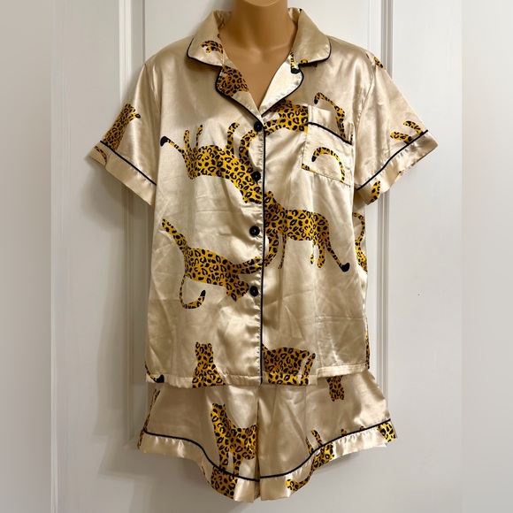 Two Piece Satin Leopard Pajamas Short Sleeve Button Down Top and Shorts Set - Picture 2 of 9